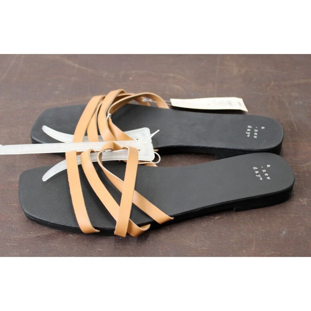 A New Day Women Tan Joan Strappy Square Toe Flat Slides Sandals Size 8.5